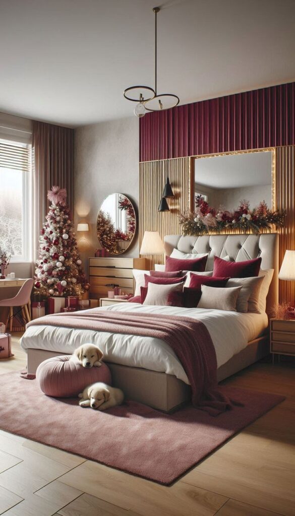 Cozy bedroom with elegant Christmas decor, plush bedding, and two adorable puppies on a soft rug.