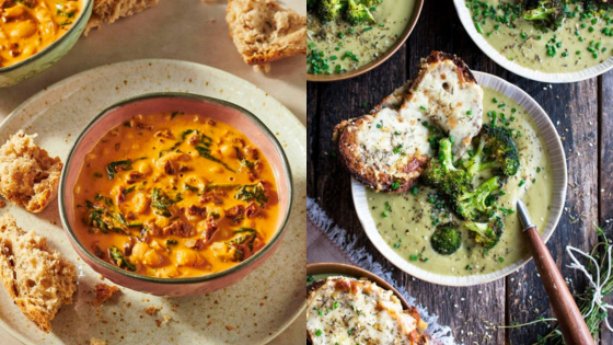 Two bowls of creamy soups: one with a vibrant red sauce, the other with broccoli, served with fresh bread on the side.