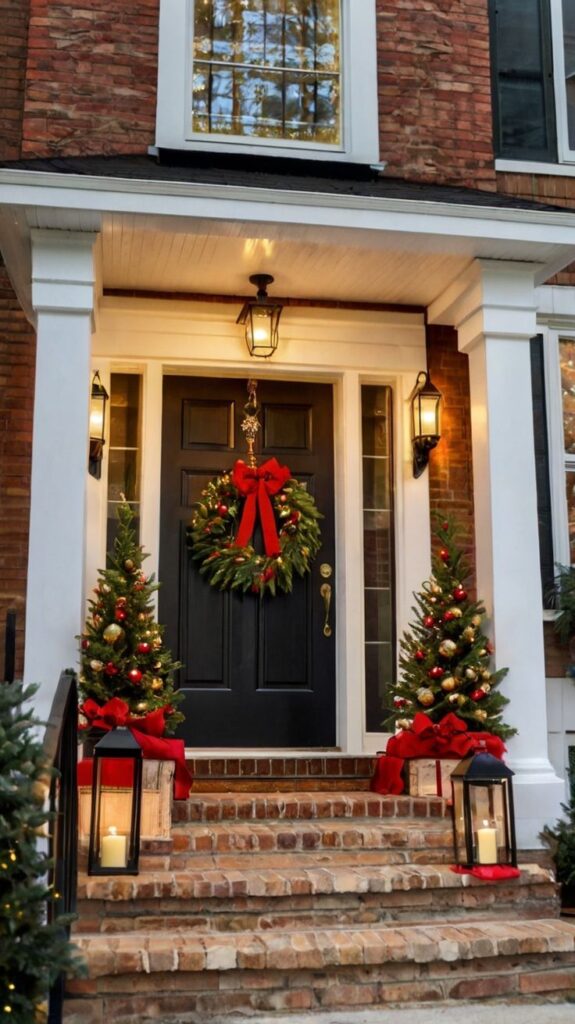 Festive Christmas doorway with wreath, red bows, and decorated trees on a brick porch. Cozy holiday atmosphere.