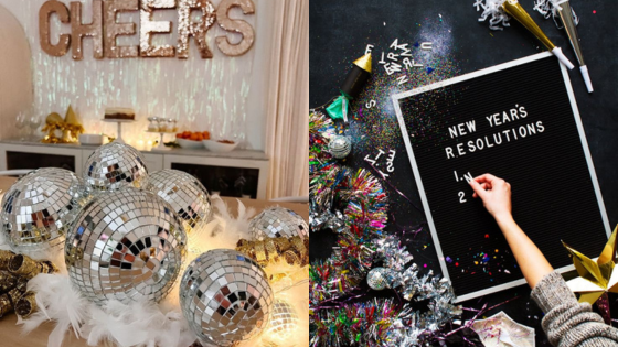 New Year's celebration scene with disco balls, Cheers sign, and a board for writing resolutions amidst colorful confetti.