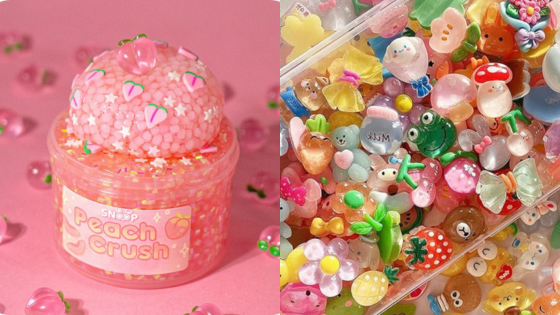 Peach-themed slime with colorful charms on a pink background. Perfect for crafts and sensory play, vibrant and whimsical.