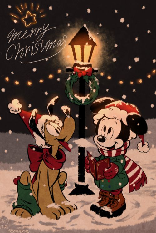 Cartoon characters singing carols by a lamp post in snowy Christmas scene, with a festive wreath and glowing star.