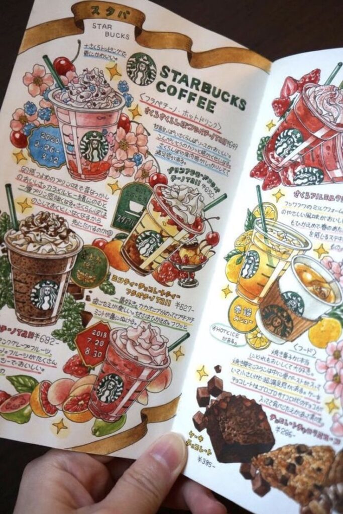 Hand-drawn Starbucks coffee menu with colorful beverages and dessert illustrations in Japanese.