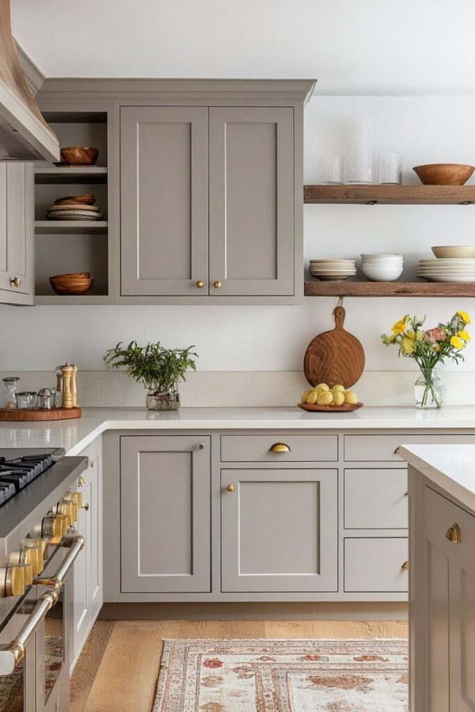 Modern kitchen with beige cabinets, open shelving, and elegant decor, featuring fresh lemons and flowers for a cozy look.