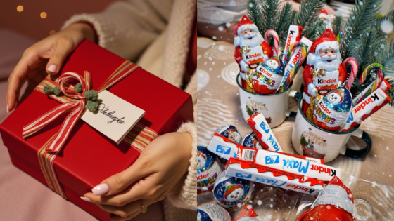 Festive holiday gift and Kinder chocolates in mugs with Santa figures and candy canes on a decorated table.