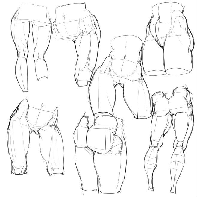 Sketch of various human lower body anatomy studies focusing on leg and hip structures.