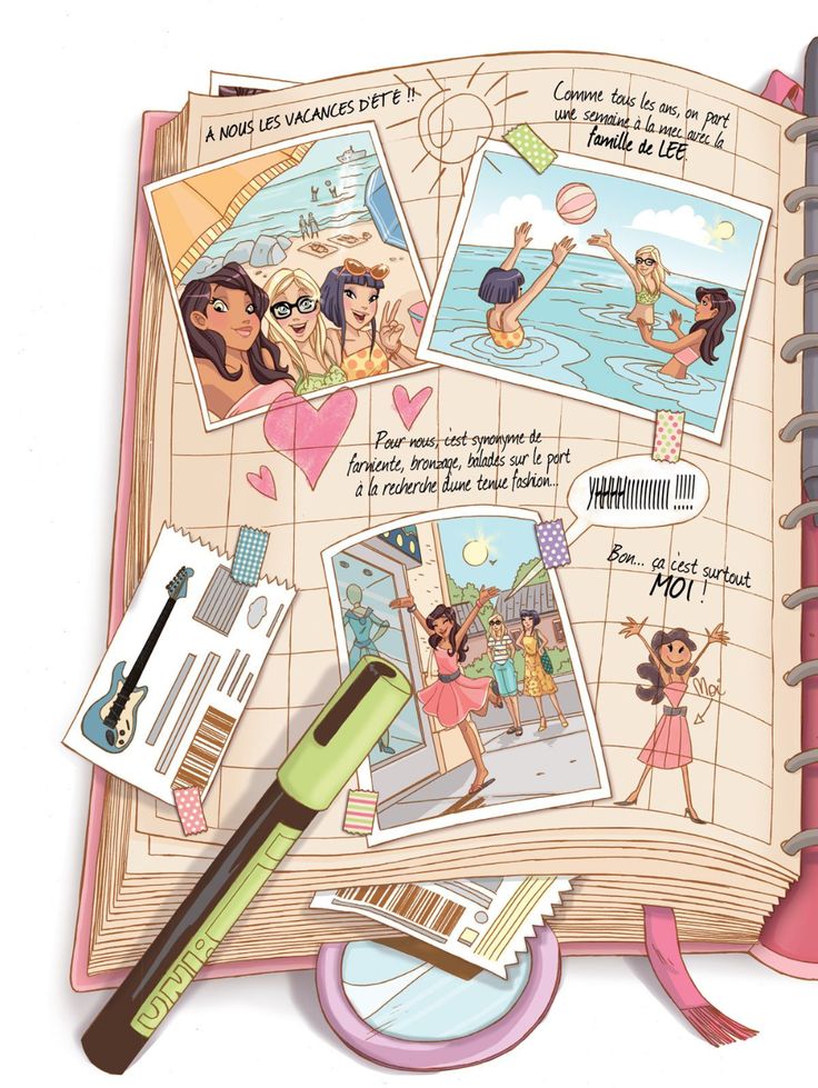 Illustrated summer diary with beach and shopping photos, capturing joyful vacation memories and adventures.