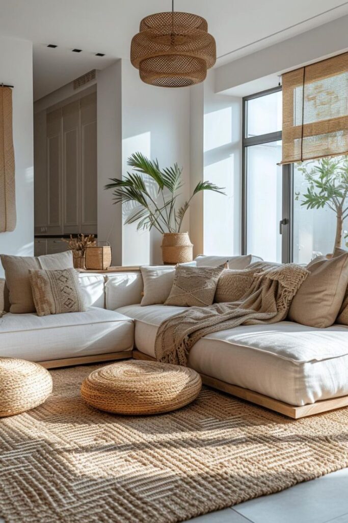 Modern living room with beige sofa, woven rug, plants, and natural light. Cozy, minimalist interior design.