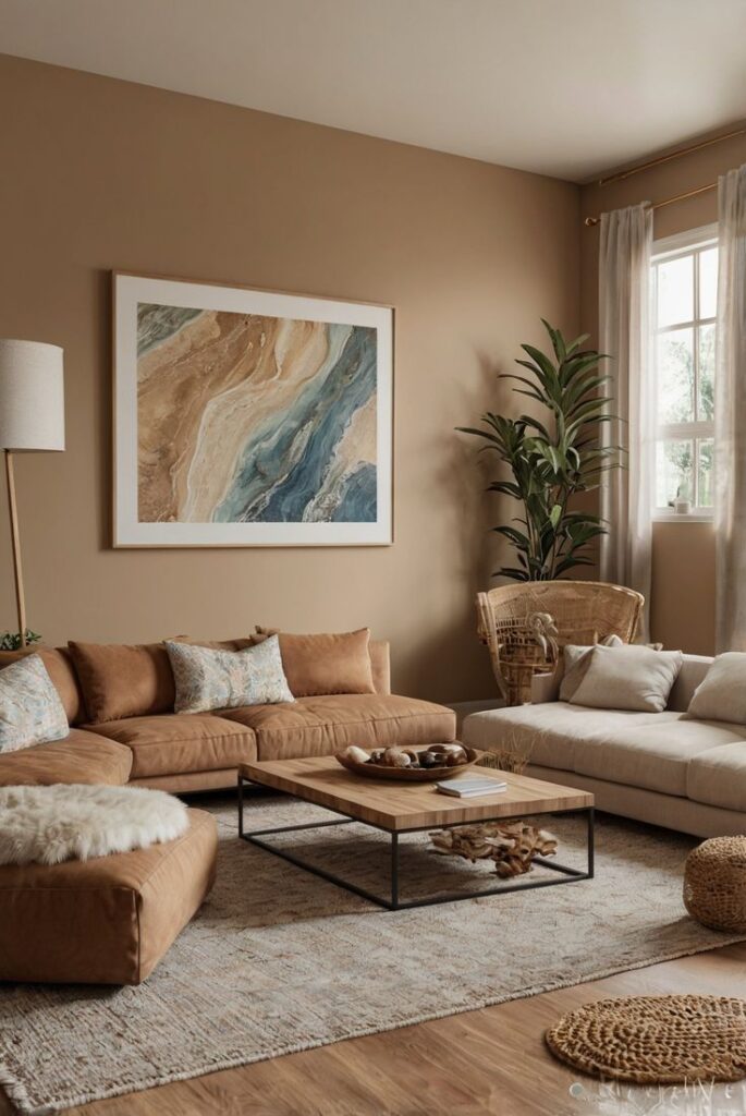 Stylish boho living room with brown sofa, abstract art, and natural light, creating a cozy, earthy atmosphere.