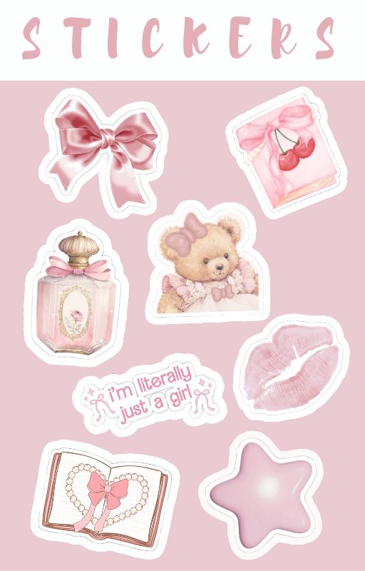 Cute pink aesthetic sticker set with bows, perfume, teddy bear, cherries, lips, and a star on a soft pink background.