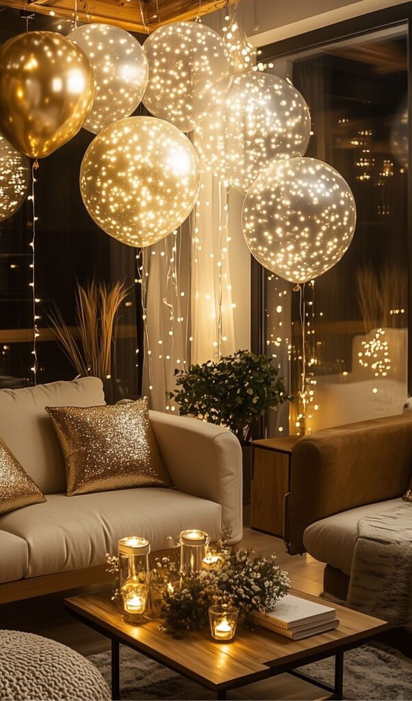 Elegant living room with glowing balloons, string lights, and cozy decor for a magical evening ambiance.