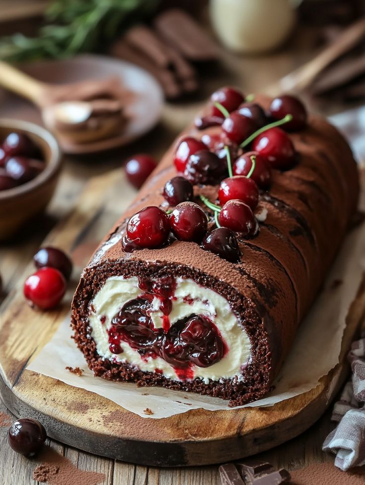 Chocolate roulade with creamy filling and topped with fresh cherries on a wooden board.