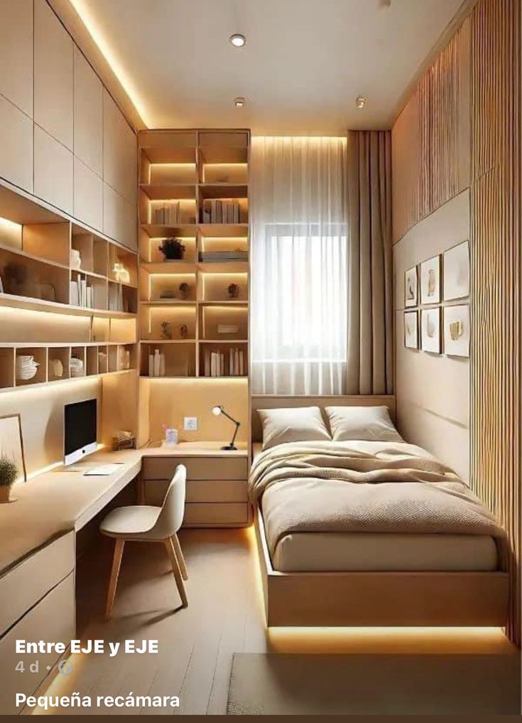 Modern small bedroom design with built-in storage, desk, and ambient lighting. Ideal space-saving solution.