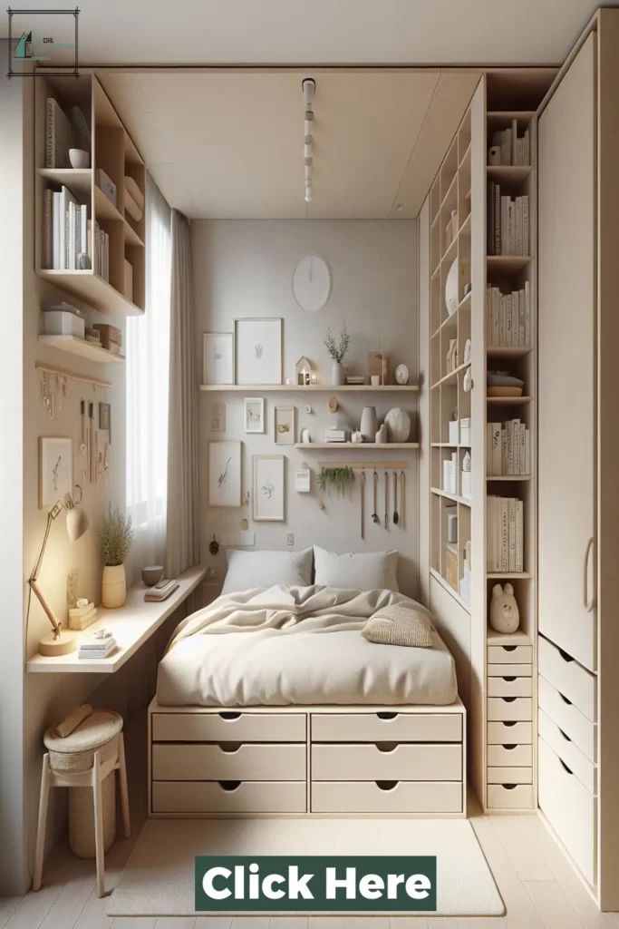 Cozy minimalist bedroom with shelving, storage, and neutral decor. Features a sunlight-lit desk and organized shelves.