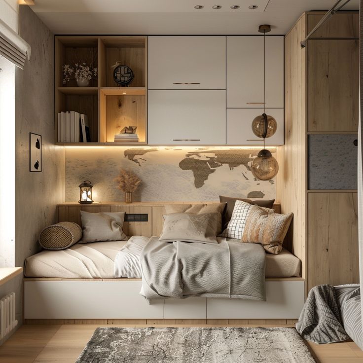 Cozy small bedroom with wood accents, world map art, and modern shelving. Neutral tones and soft lighting create a warm vibe.