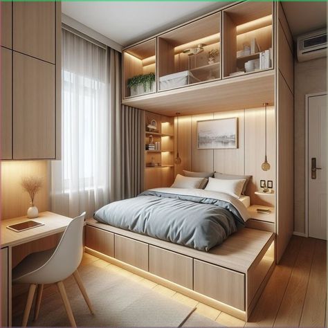 Modern bedroom with wood furniture, cozy bed, built-in storage, and warm lighting next to a work desk and chair.