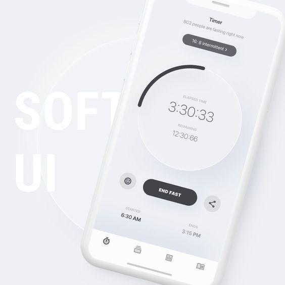 Intermittent fasting app interface on smartphone with modern soft UI design and timer showing elapsed and remaining time.