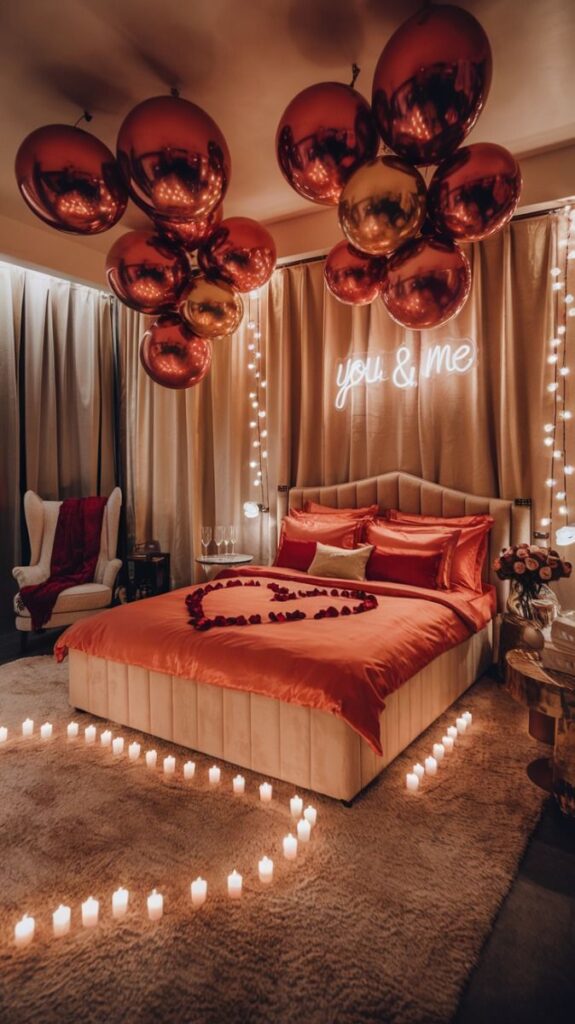 Romantic bedroom with red balloons, candles, and rose petals forming a heart on the bed for a cozy, intimate setting.