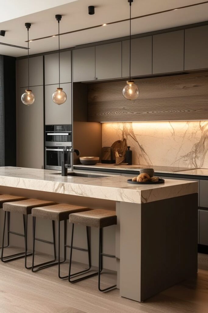 Sleek modern kitchen with marble island, pendant lights, and wood accents for a stylish and functional design.