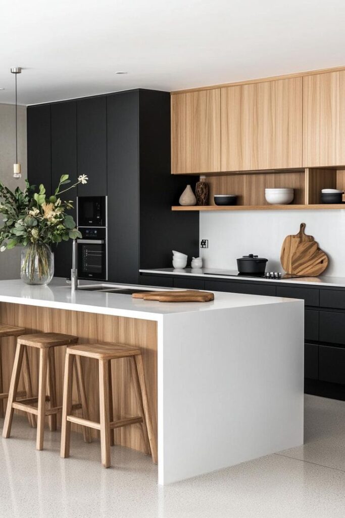 Modern kitchen with black and wood cabinets, white island, barstools, and decorative plants.