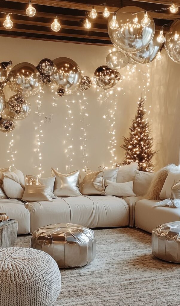 Cozy living room with gold pillows, soft lights, and festive decor, creating a warm and elegant holiday atmosphere.