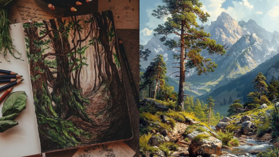 Forest sketch on paper next to a vibrant mountain landscape painting, with pencils and leaves nearby.