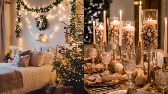 Cozy Christmas bedroom with string lights and festive dining table with candles and ornaments.