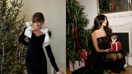 Women in elegant dresses by Christmas trees, one holds a gift, creating a festive holiday atmosphere.