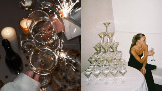 Elegant celebration with champagne toasts and a pyramid of glasses at a party.