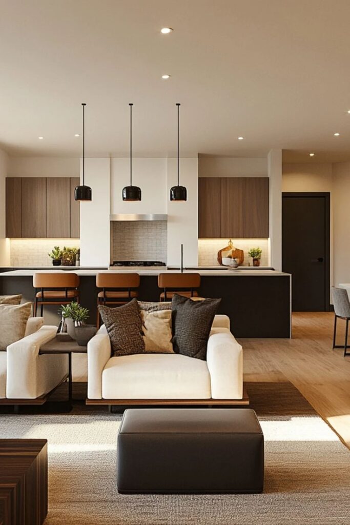 Modern open-plan living room and kitchen with elegant decor, pendant lights, and neutral tones.