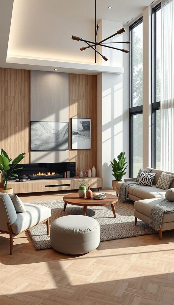 Modern living room with large windows, stylish furniture, and contemporary decor in natural light.