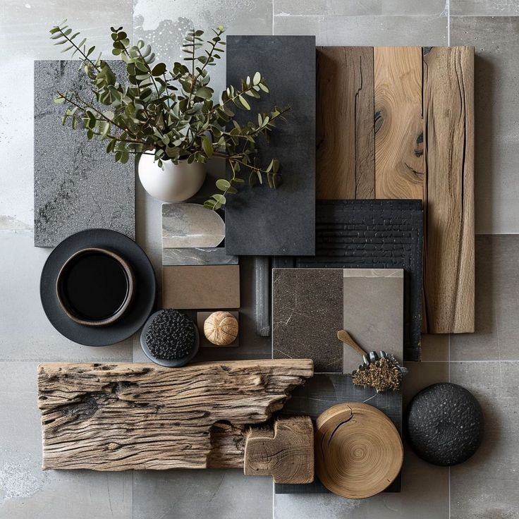 Rustic design mood board with wood textures, ceramics, and greenery on a tiled background.