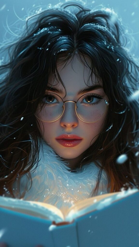 Woman with glasses reading a book in snowy setting, illuminated by soft light, creating a serene wintry ambiance.