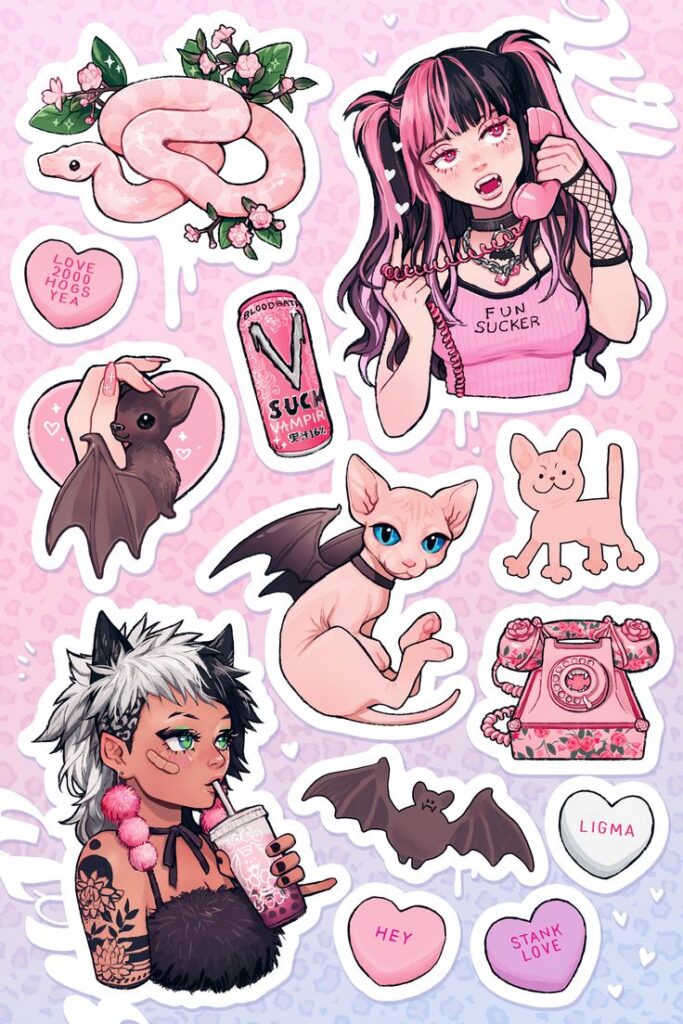 Vibrant pink and black stickers featuring gothic anime characters, bats, snakes, and vintage telephones with heart accents.