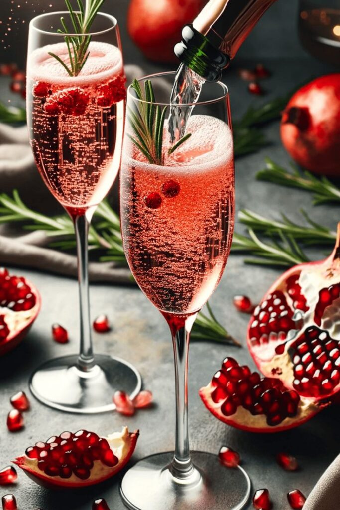 Two sparkling pomegranate cocktails garnished with rosemary, surrounded by fresh pomegranate seeds and halves.