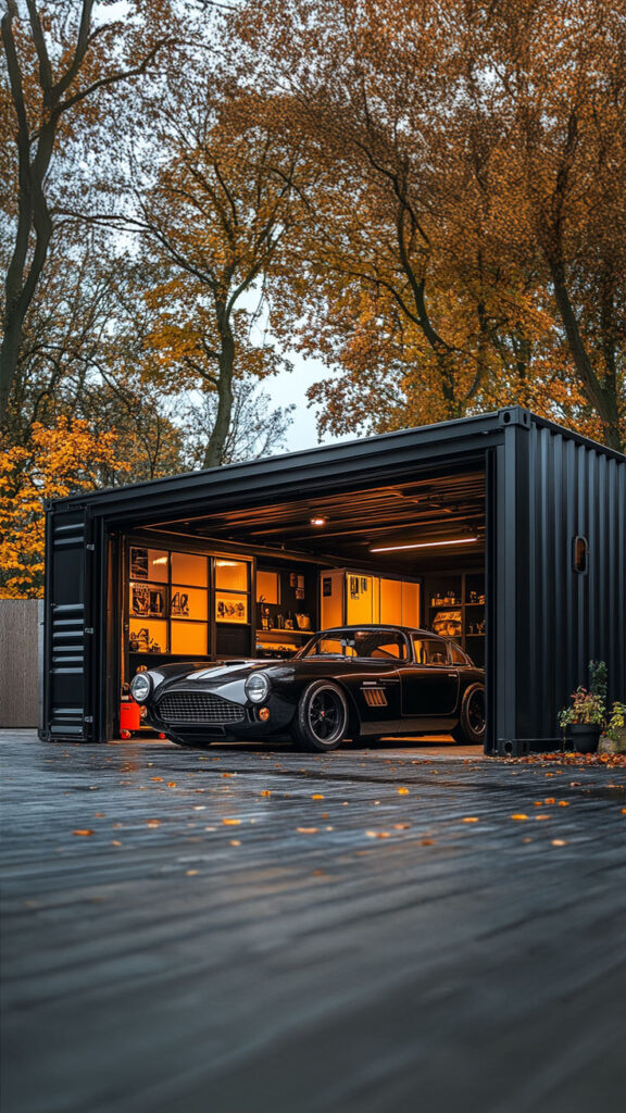 Classic car parked in a cozy, illuminated garage under autumn trees.