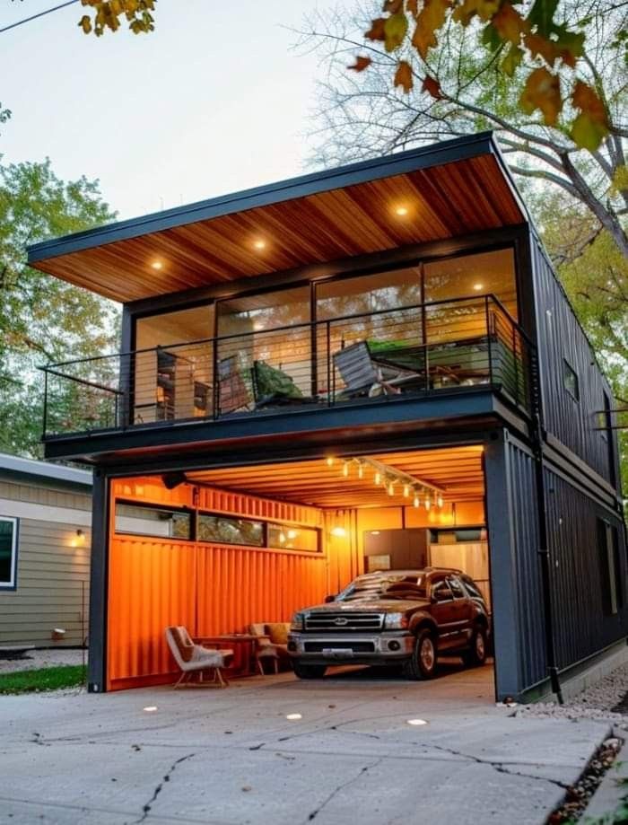 Modern two-story container home with glass balcony and car in driveway, surrounded by trees and warm lighting.