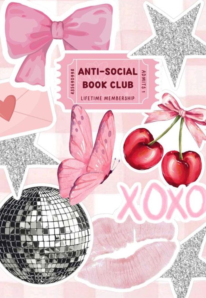 Collage with pink bow, ticket for Anti-Social Book Club, cherries, butterfly, disco ball, and XOXO text.