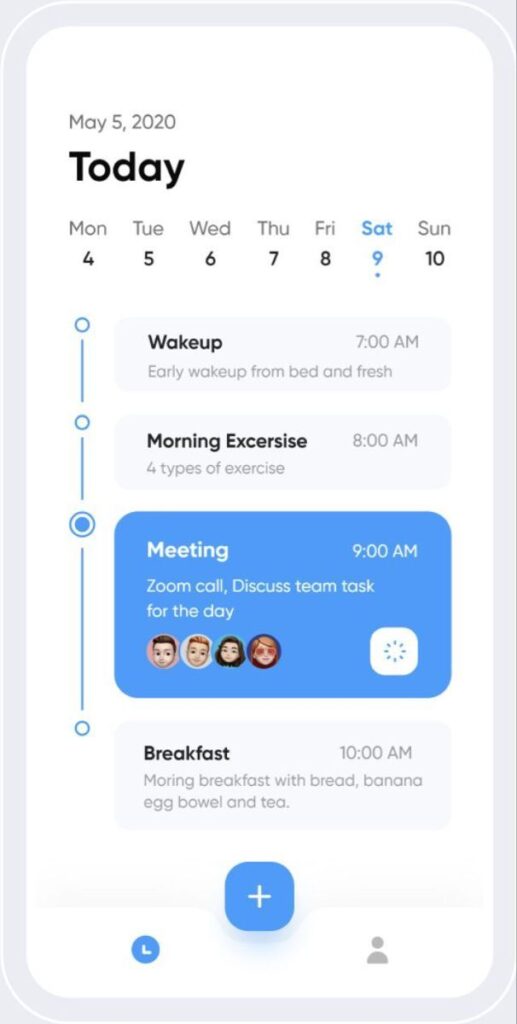 Daily schedule showing wakeup, exercise, Zoom meeting, and breakfast, dated May 5, 2020.