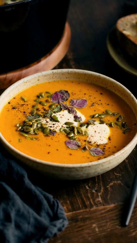 Creamy pumpkin soup garnished with seeds and herbs in a rustic bowl on wooden table. Cozy autumn meal.