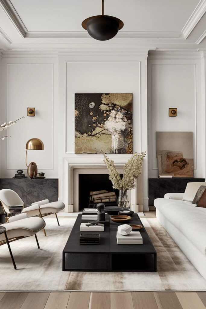 Elegant modern living room with abstract art, white walls, cozy seating, and a chic black coffee table centerpiece.