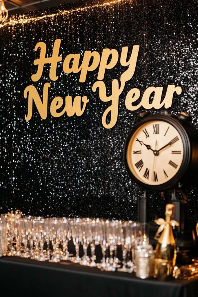 Happy New Year celebration setup with clock, champagne, and glasses against sparkling black backdrop.