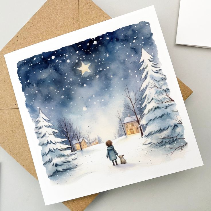 Child and dog in snowy landscape, large star in night sky, watercolor winter scene with trees and houses.