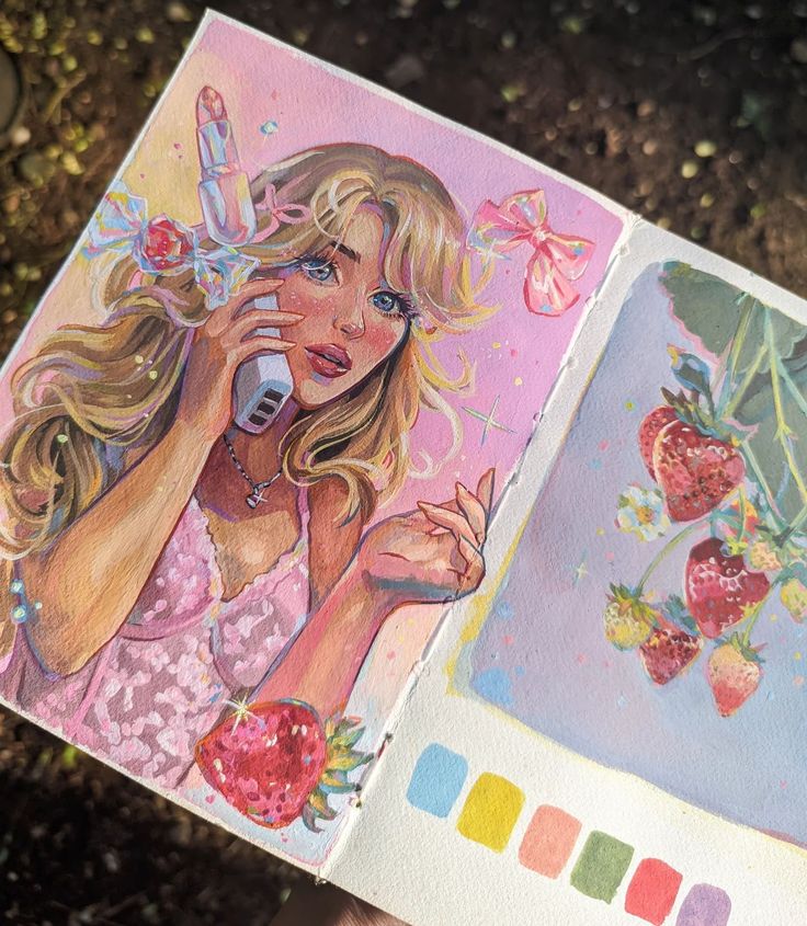 Colorful illustration of a woman talking on a phone, with strawberries and pastel hues in an art journal.