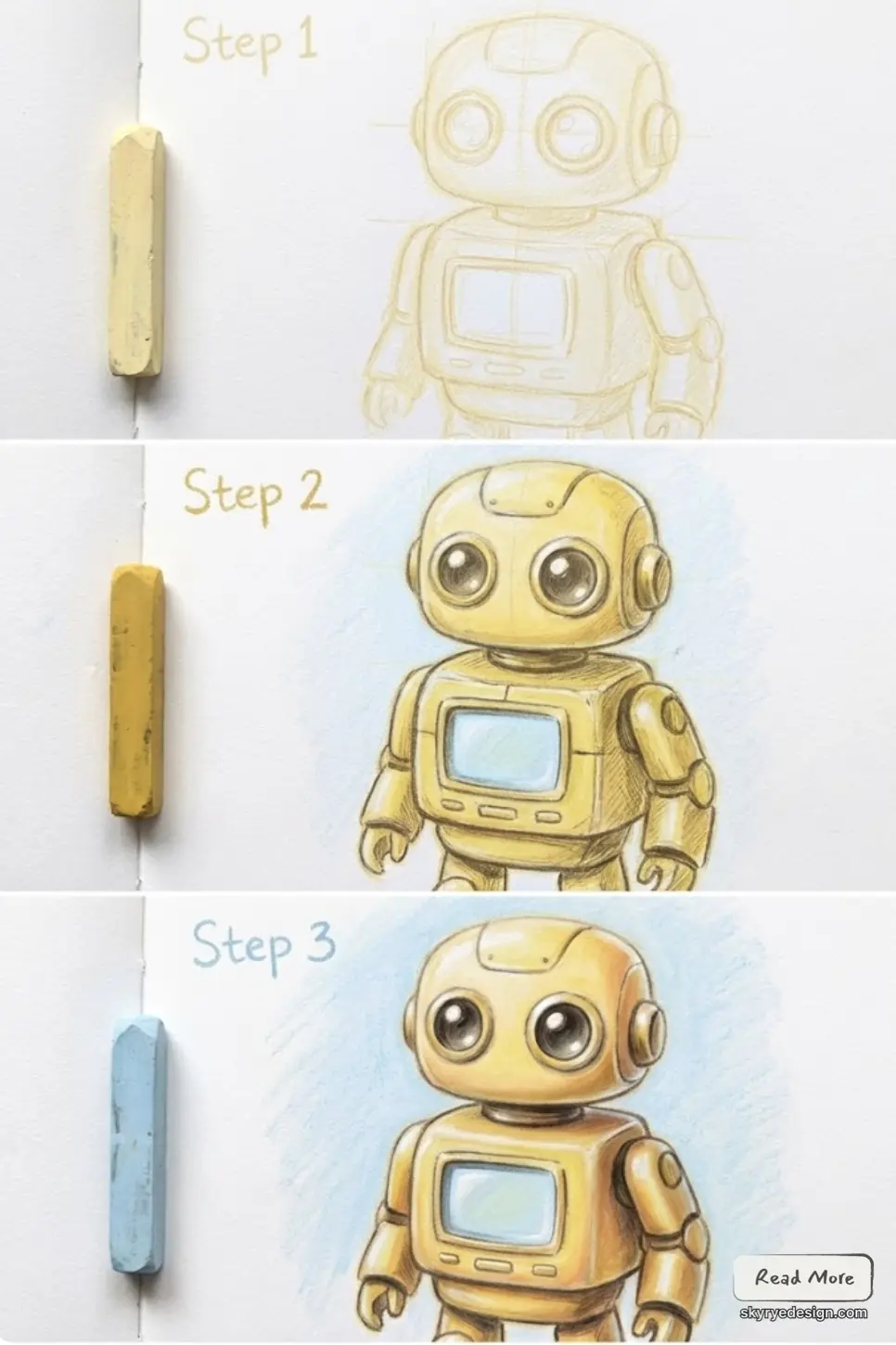Three-step pastel robot drawing tutorial: pencil sketch, shaded yellow robot, and final colored illustration with pastel sticks.