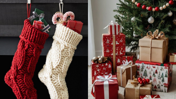 Christmas stockings filled with gifts beside a tree adorned with wrapped presents and ornaments.