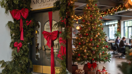 Festive office entrance adorned with a Christmas tree, red bows, and holiday decorations, creating a warm, seasonal atmosphere.