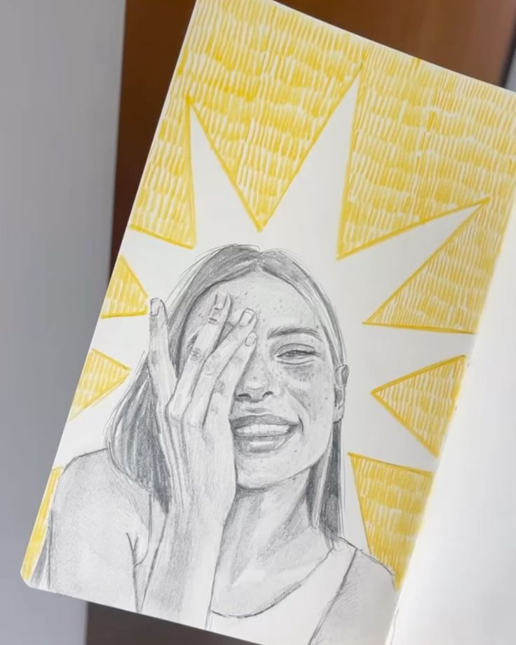 Sketch of a smiling woman with a starburst background, hand covering half of her face.