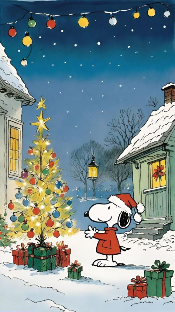 Cartoon dog in Santa hat admires Christmas tree with lights and gifts in snowy yard.