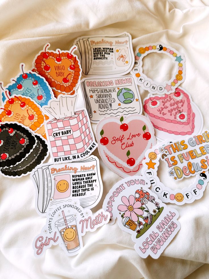 Colorful stickers with empowering quotes and designs, including Self Love Club and Support Your Local Small Business.